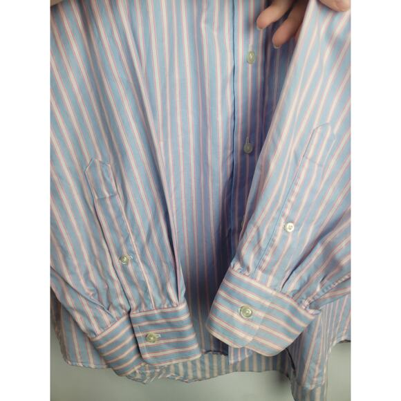 Lands End Mens Super Fine 2-Ply Yarn Striped Pink Blue Button Up Size 17/37 Tall - Picture 7 of 13